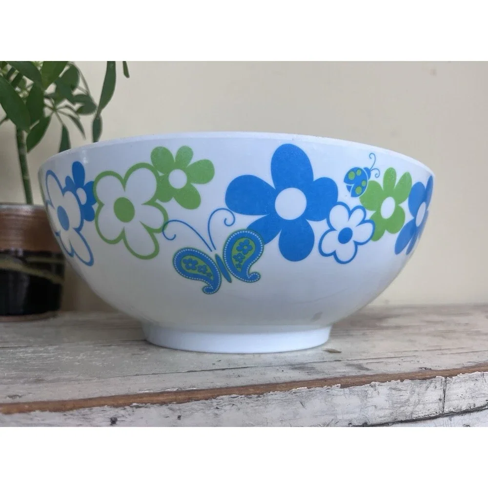 Vintage Whimsical Serving Bowl 70’s Vibe Butterflies Flowers Ladybugs 10” Retro